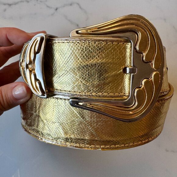 Vintage Emmanuel Genuine Reptile Metallic Gold Belt with Western Buckle - Picture 7 of 16